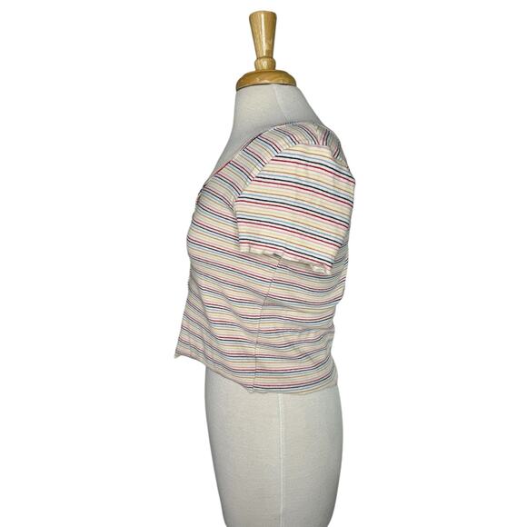 PINK ROSE Rainbow Stripe Ribbed Crop Button Up Baby Tee Size XL Cotton Stretch - Picture 2 of 9